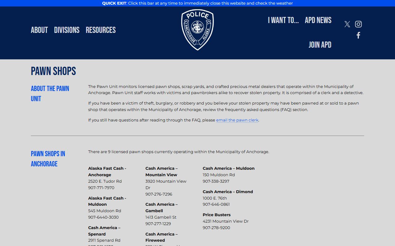 APD Pawn Unit page for tracking pawn shop items