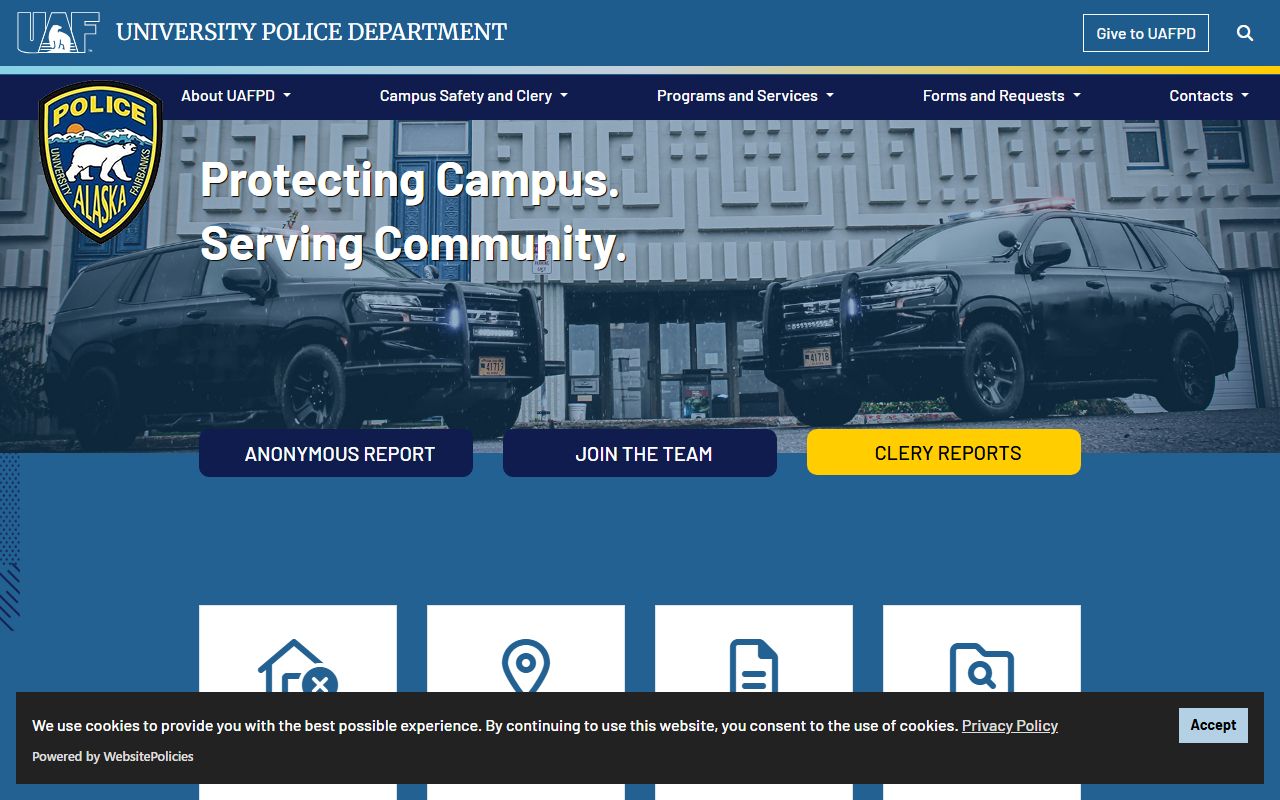 UAF Police Department website showing contact information and services