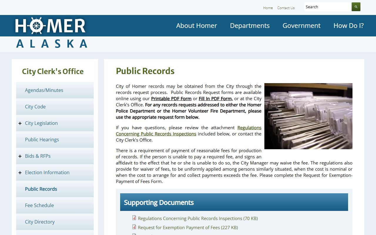 Homer City Clerk public records page showing forms and fee information