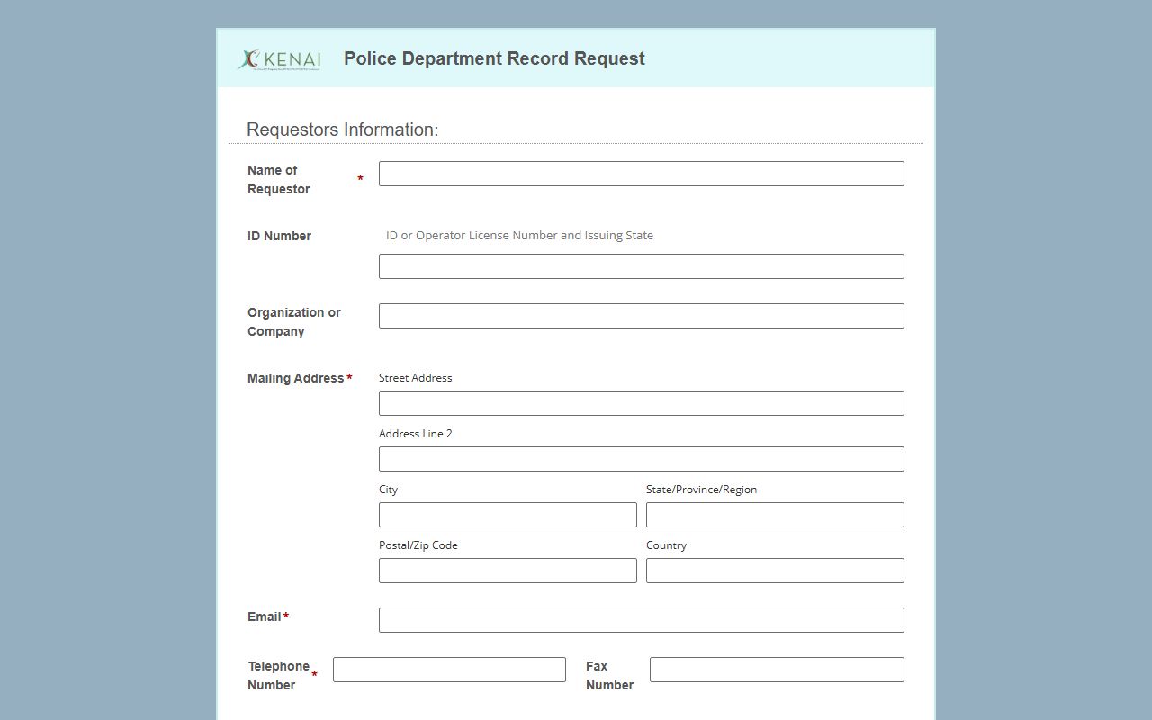 Kenai Police Department records request form on the LiquidForms platform