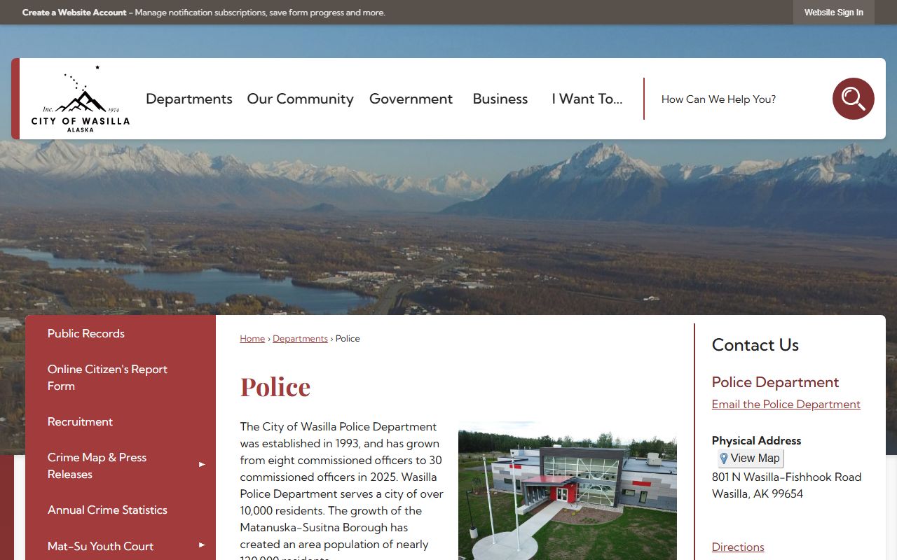 City of Wasilla Police Department main page