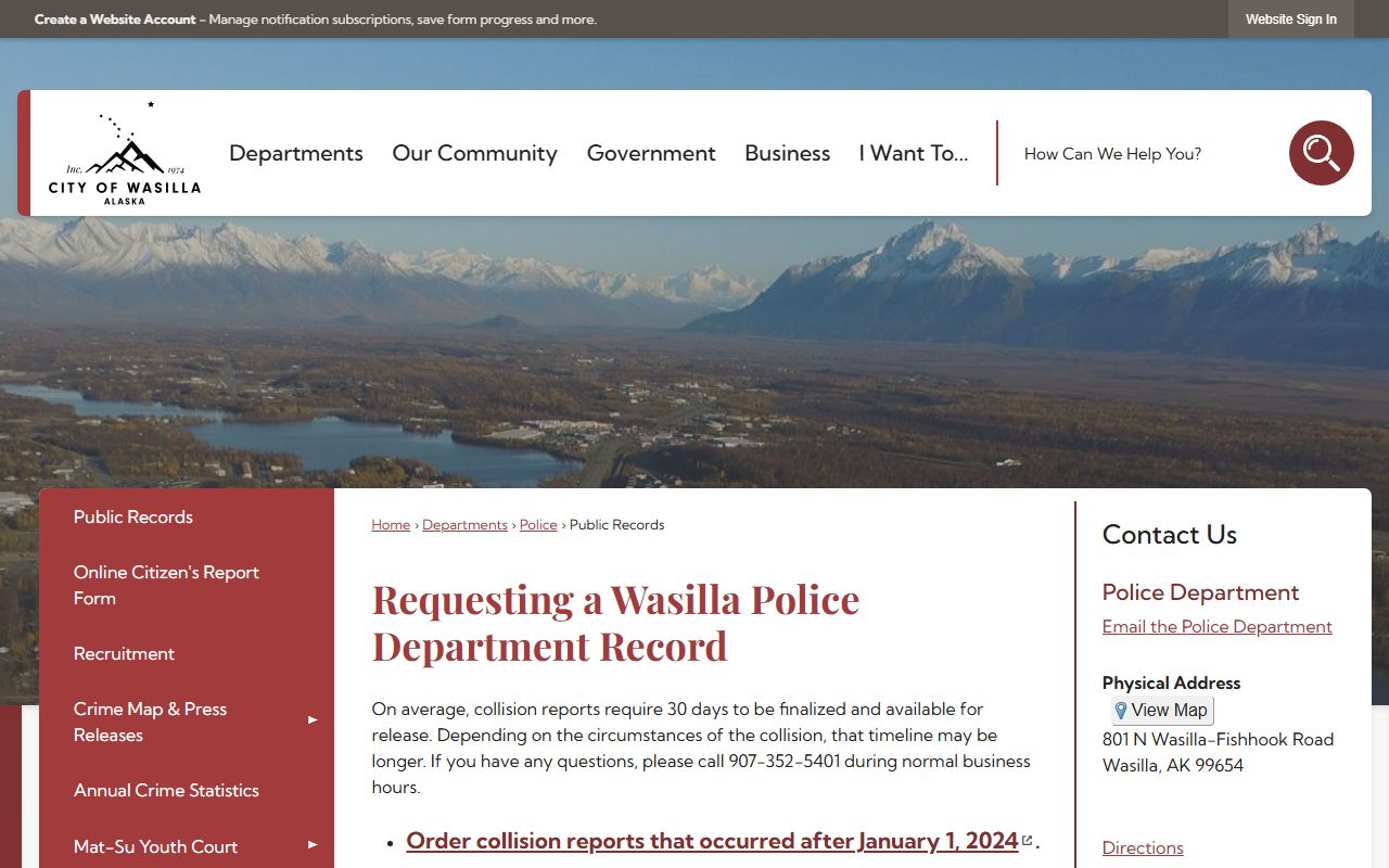 Wasilla Police Department public records request page