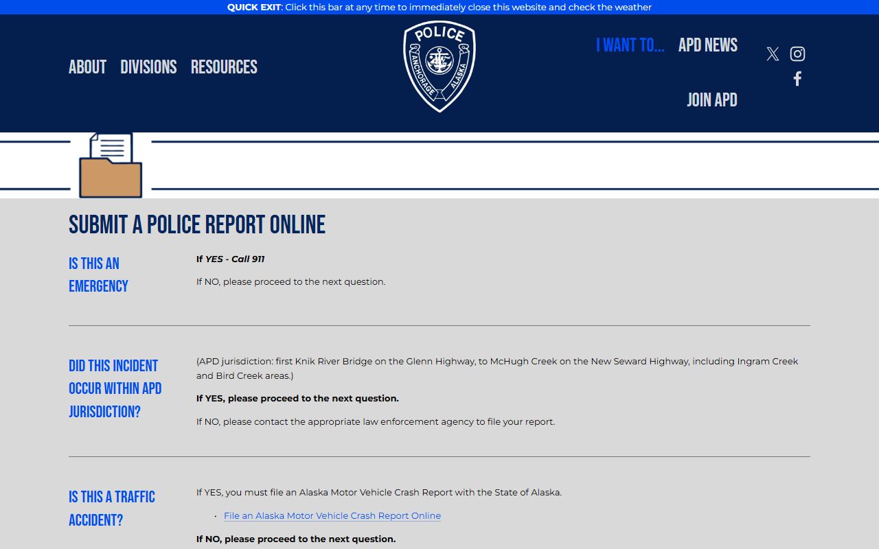 APD Online Reporting page for non-emergency Anchorage Municipality police records submissions
