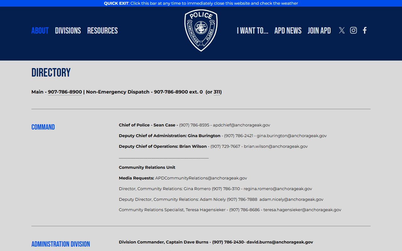 Anchorage Police Department phone directory page for Anchorage Municipality police records contacts