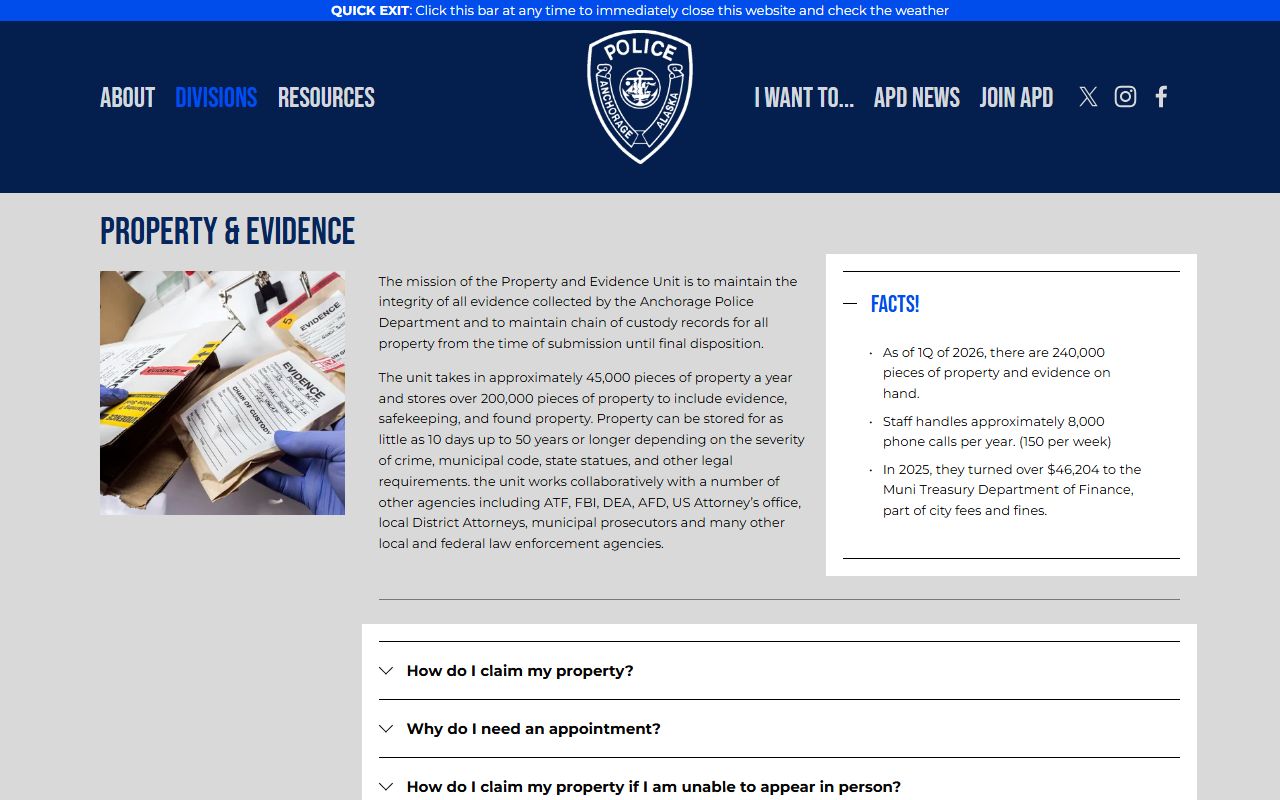 APD Property and Evidence Unit page for Anchorage Municipality police records and retrieved items