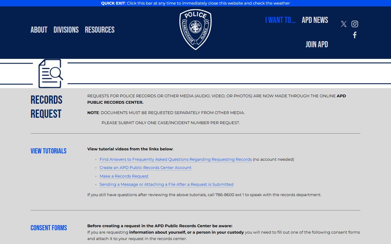 Anchorage Police Department Records Request portal for Anchorage Municipality police records