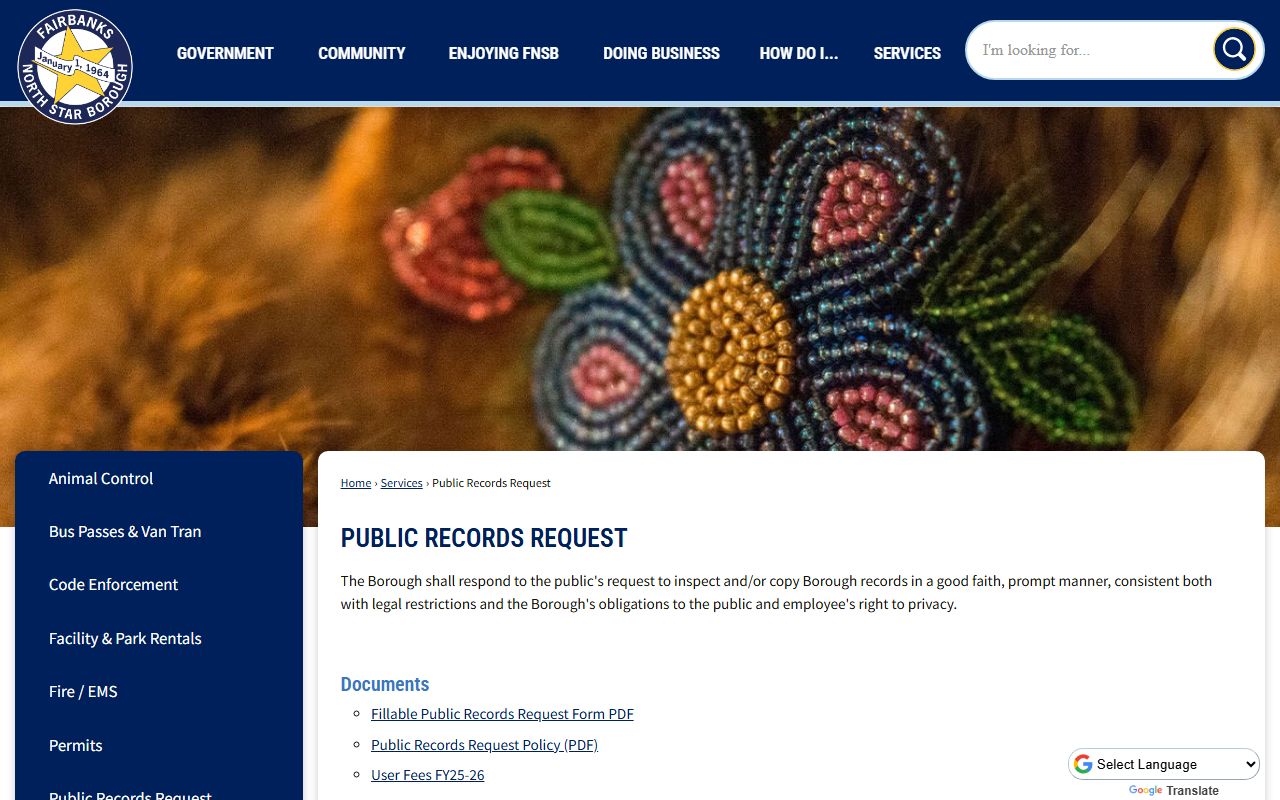 Fairbanks North Star Borough Public Records Request page for FNSB police records and documents