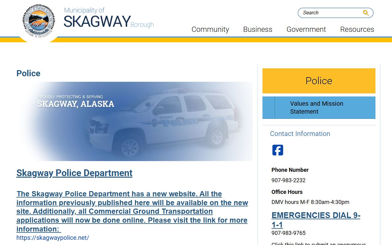 Skagway Police Department website showing department contact details and services for the neighboring Skagway Municipality
