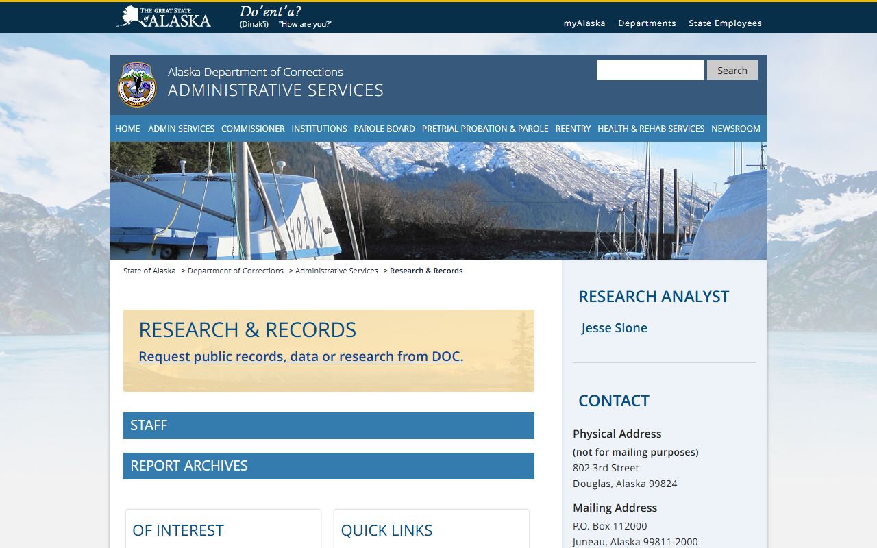 Alaska Department of Corrections Research and Records page relevant to Juneau City and Borough police and corrections records