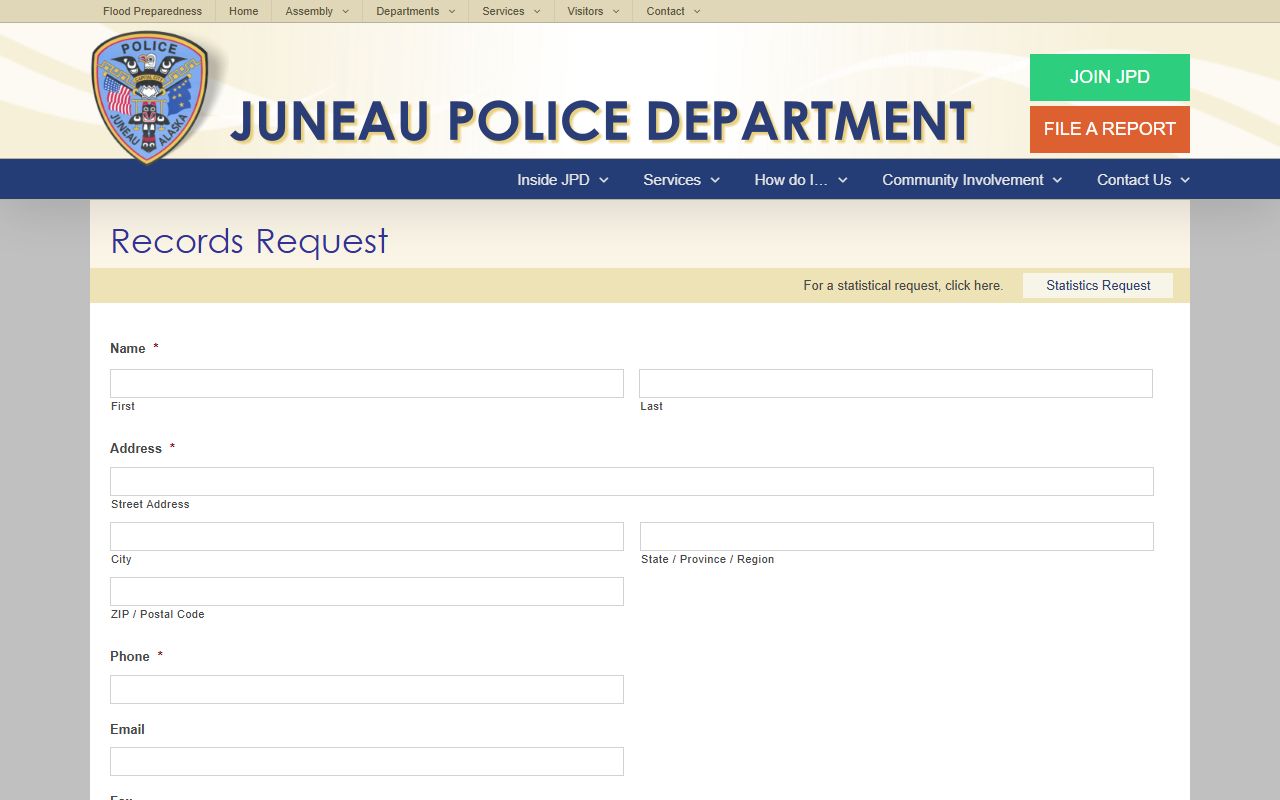 Juneau Police Department Records Request page for Juneau City and Borough police records