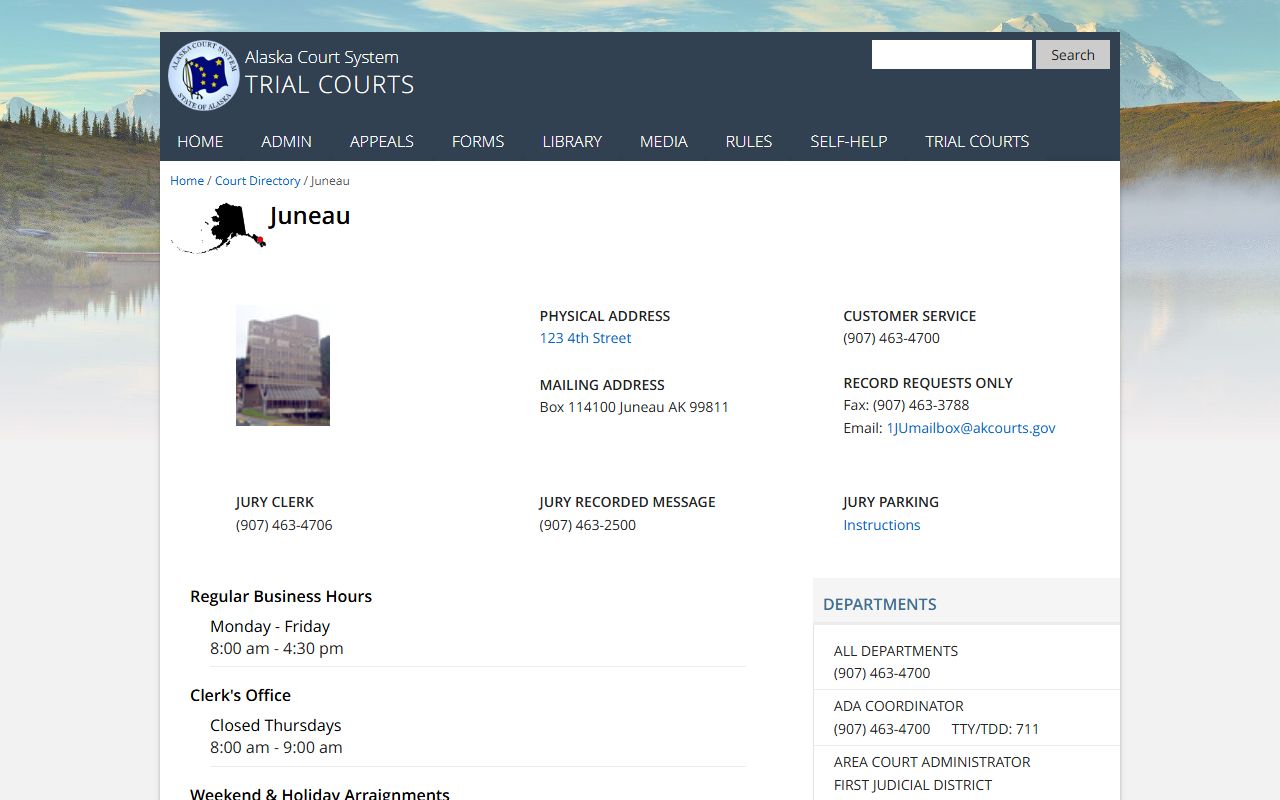 Juneau court records directory page at Alaska Court System for Juneau City and Borough police and court records