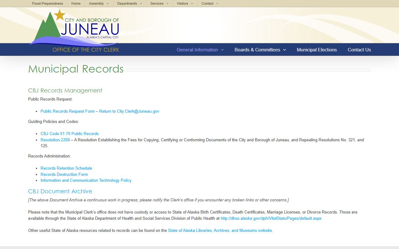 Juneau Municipal Clerk public records page for Juneau City and Borough government and police records requests