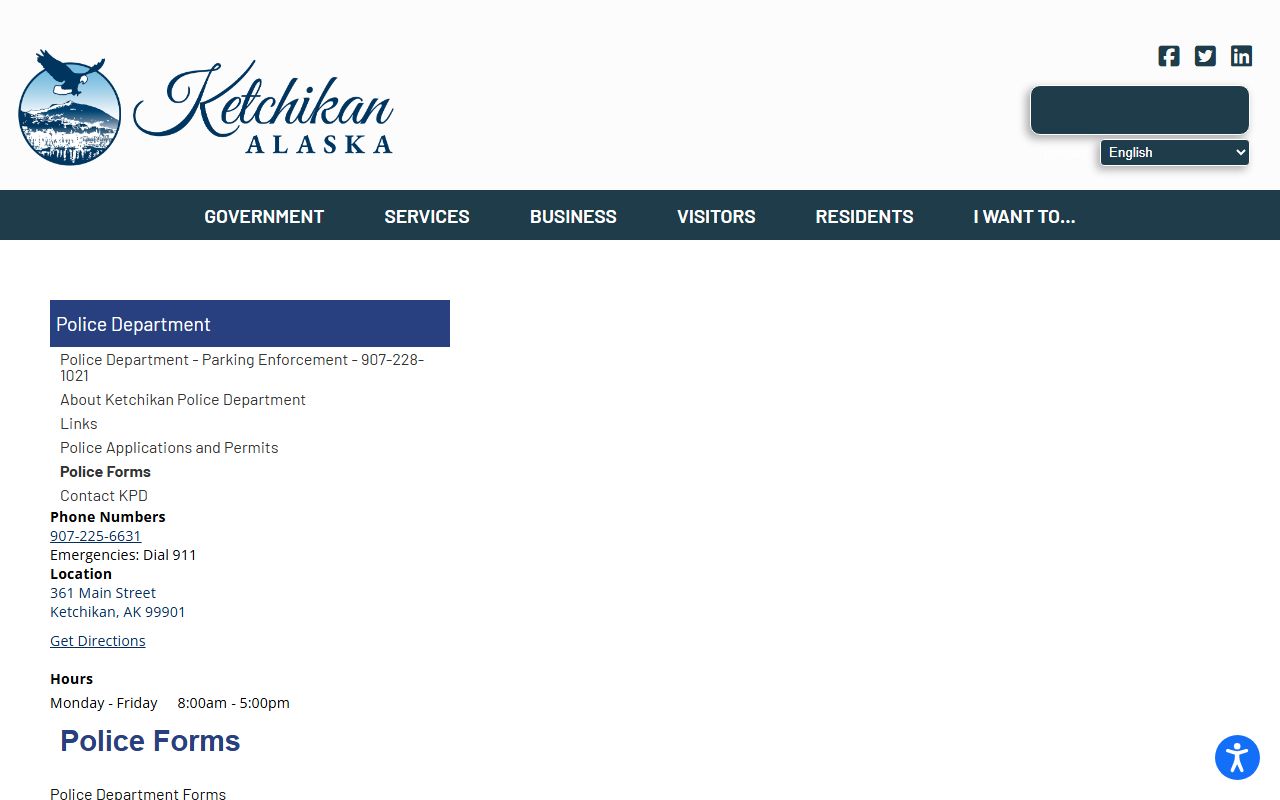 Ketchikan Police Department forms page listing Report Request Form, Employee Conduct Form, and fingerprinting services