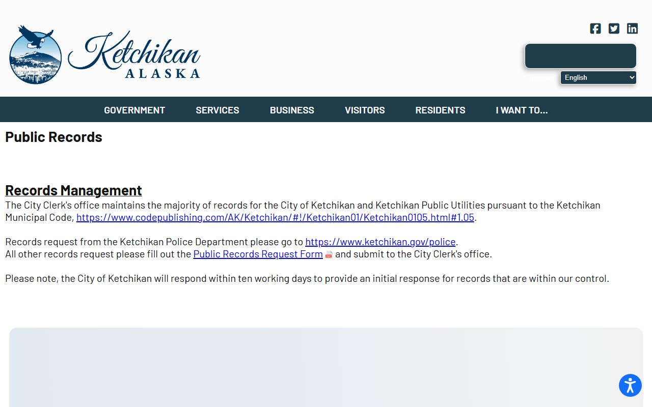 City of Ketchikan public records portal showing records request form and City Clerk contact information