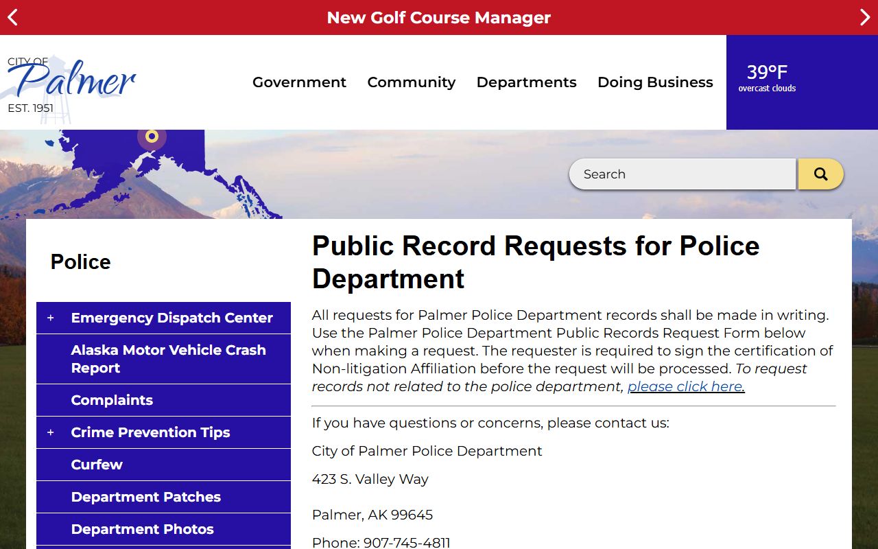 Palmer Police Department public records request page