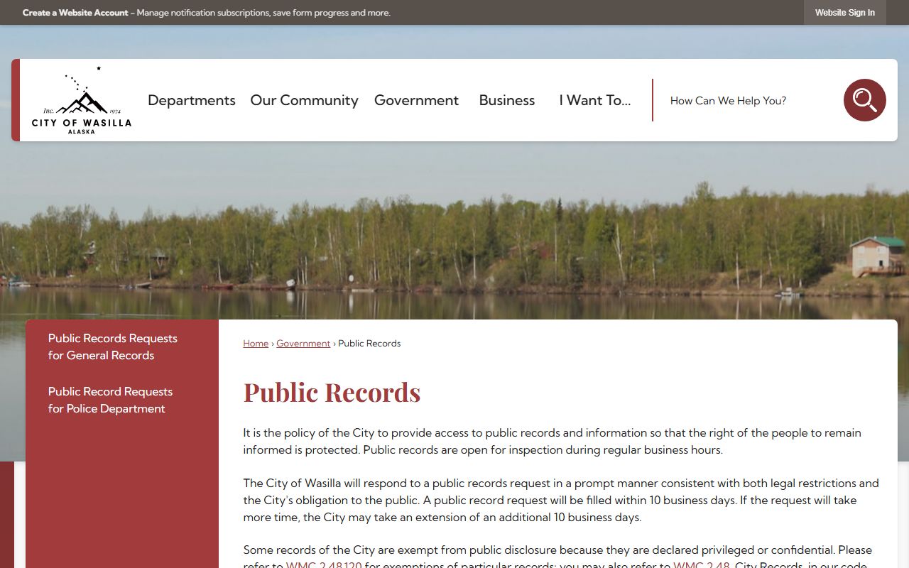 Wasilla Police Department public records page