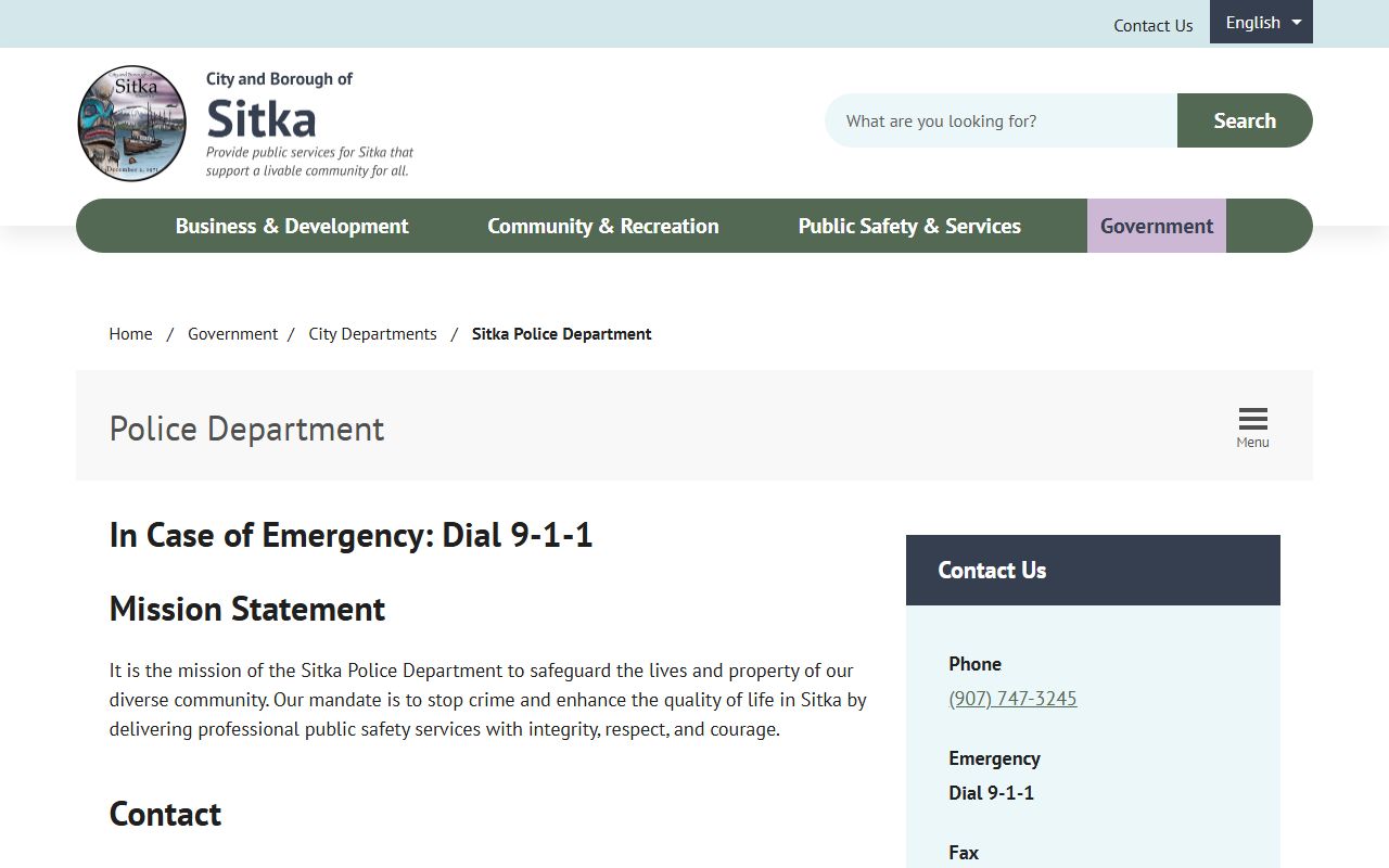 Sitka Police Department page on the City of Sitka website showing department contact details and records options