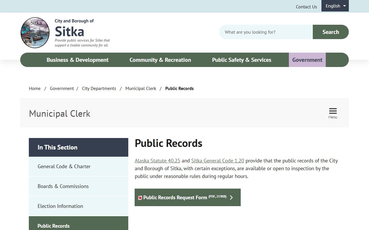 City and Borough of Sitka public records request page showing Municipal Clerk contact information and submission instructions