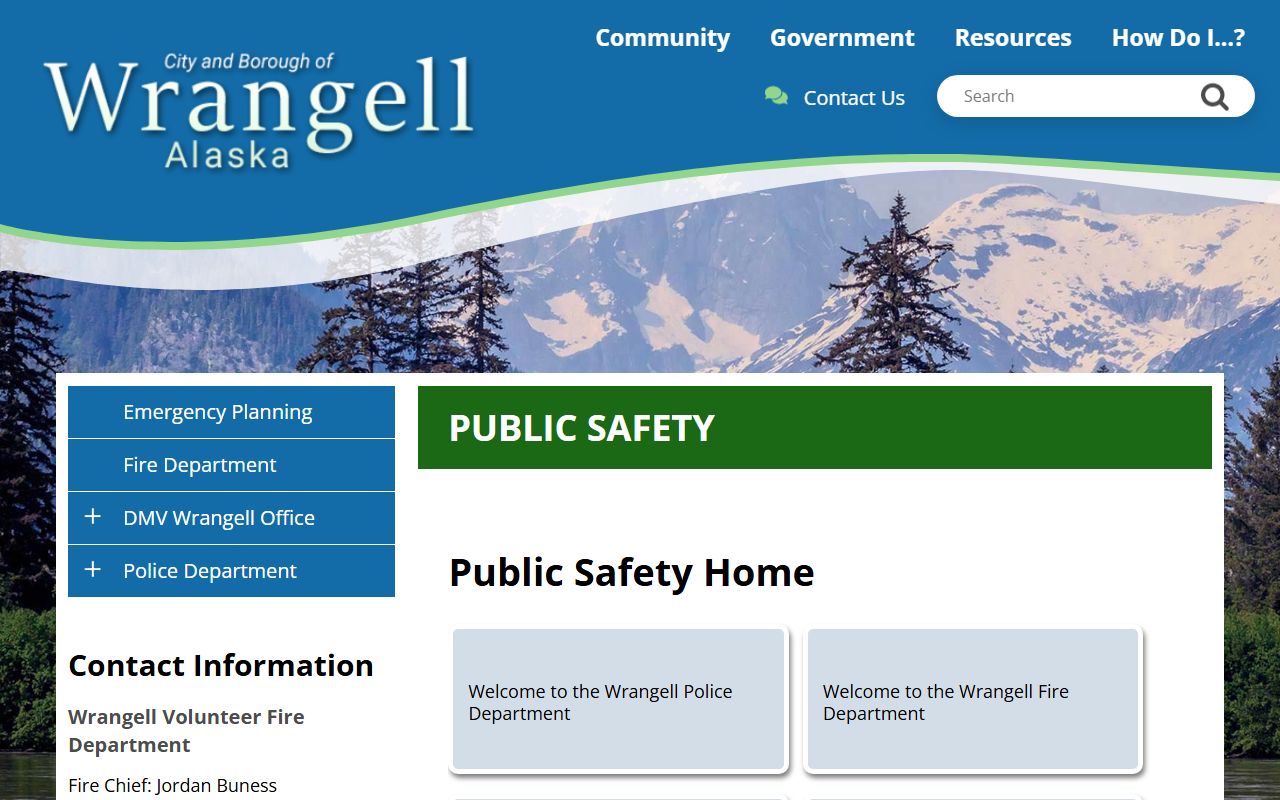 Wrangell Police Department public safety page showing department contact details and community policing information