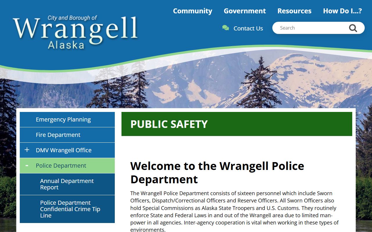 Wrangell Police Department welcome page showing community policing philosophy, programs, and fingerprinting services