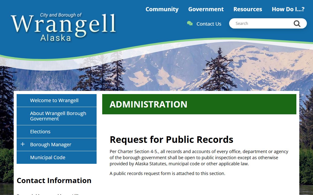 Wrangell City and Borough public records request page showing downloadable form and submission instructions for various record types