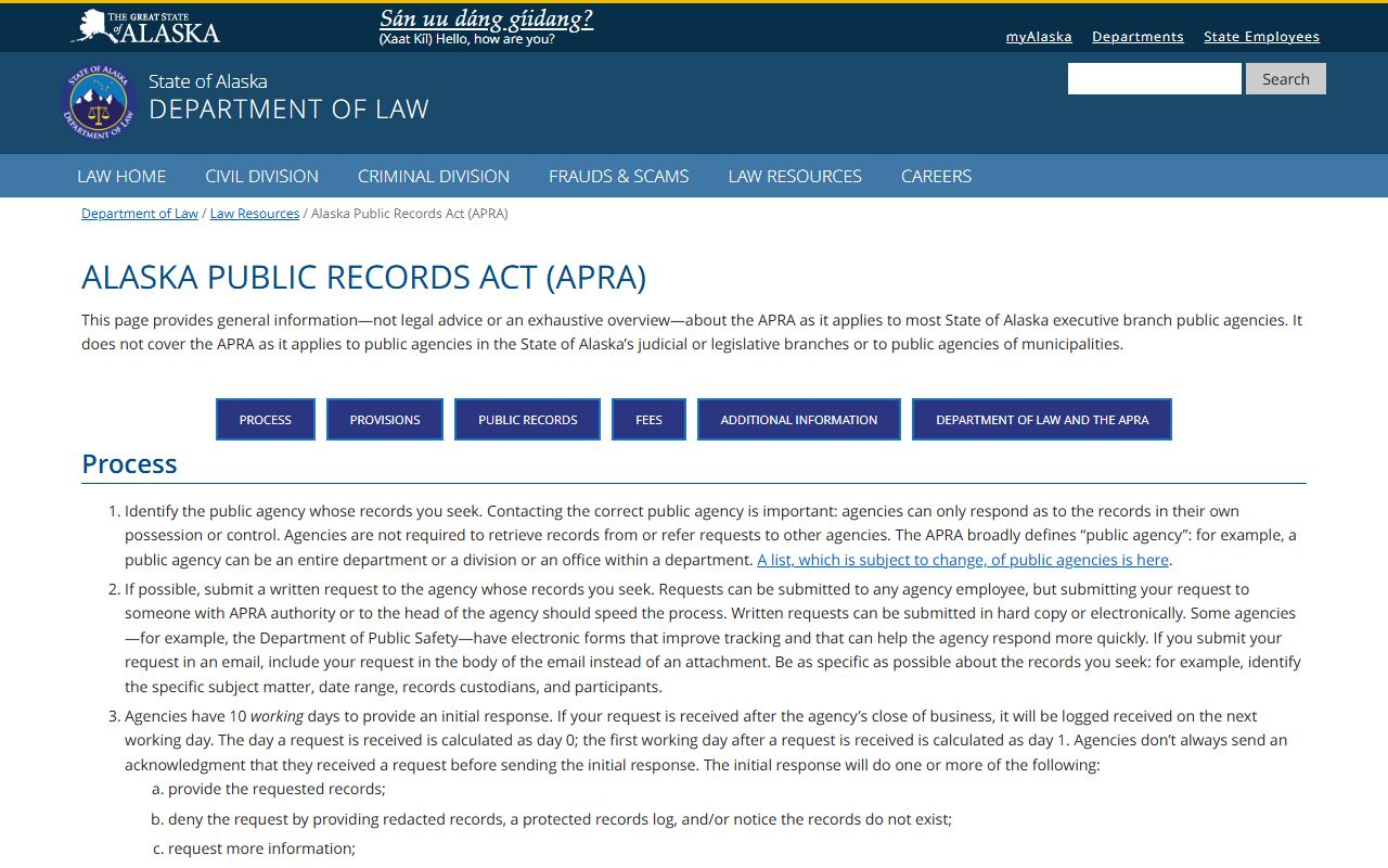 Alaska Public Records Act webpage at law.alaska.gov