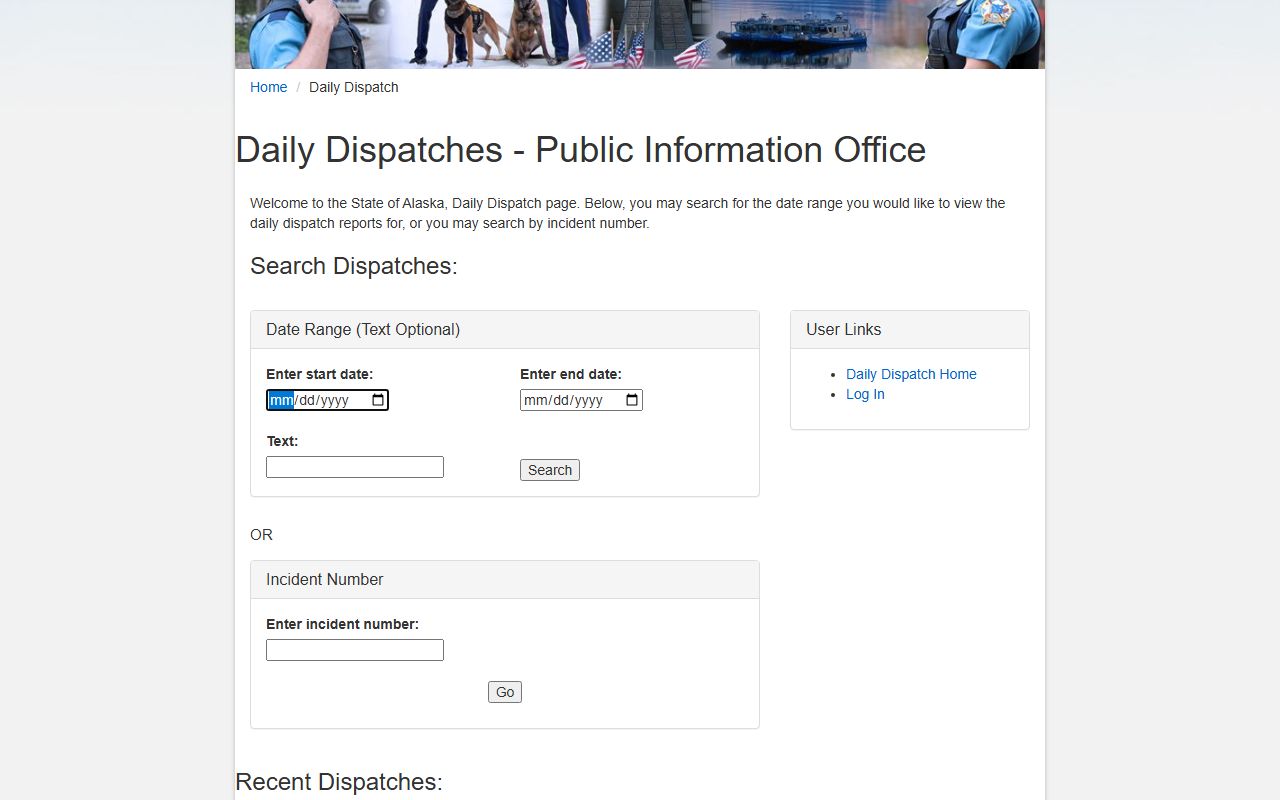 Alaska Department of Public Safety Daily Dispatch Reports website