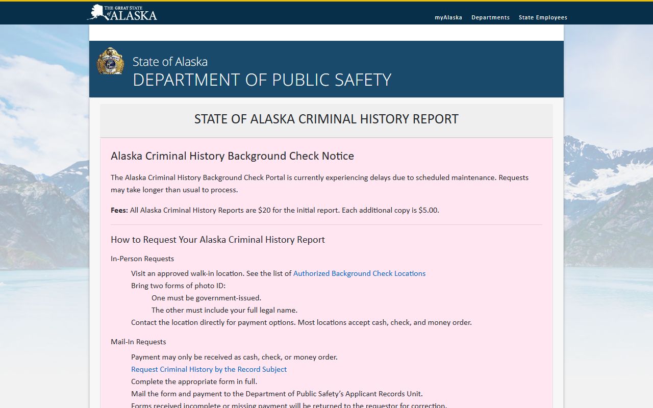 Alaska Online Criminal History Report Portal at backgroundcheck.dps.alaska.gov