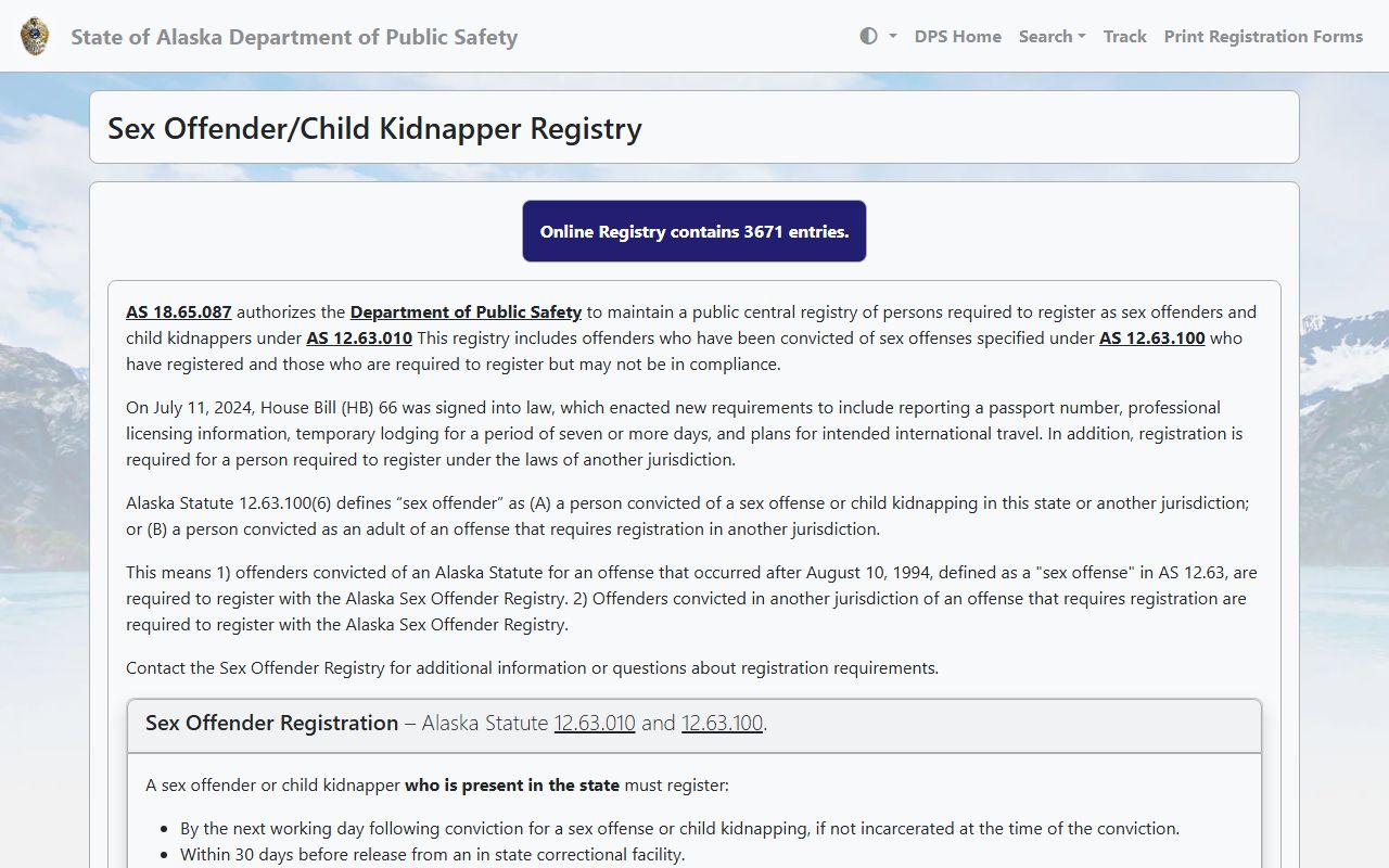 Alaska Sex Offender and Child Kidnapper Registry search page